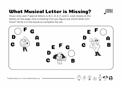 Missing Letter - Musical Alphabet Fill-in-the-Blank Activity Sheets - Set 7