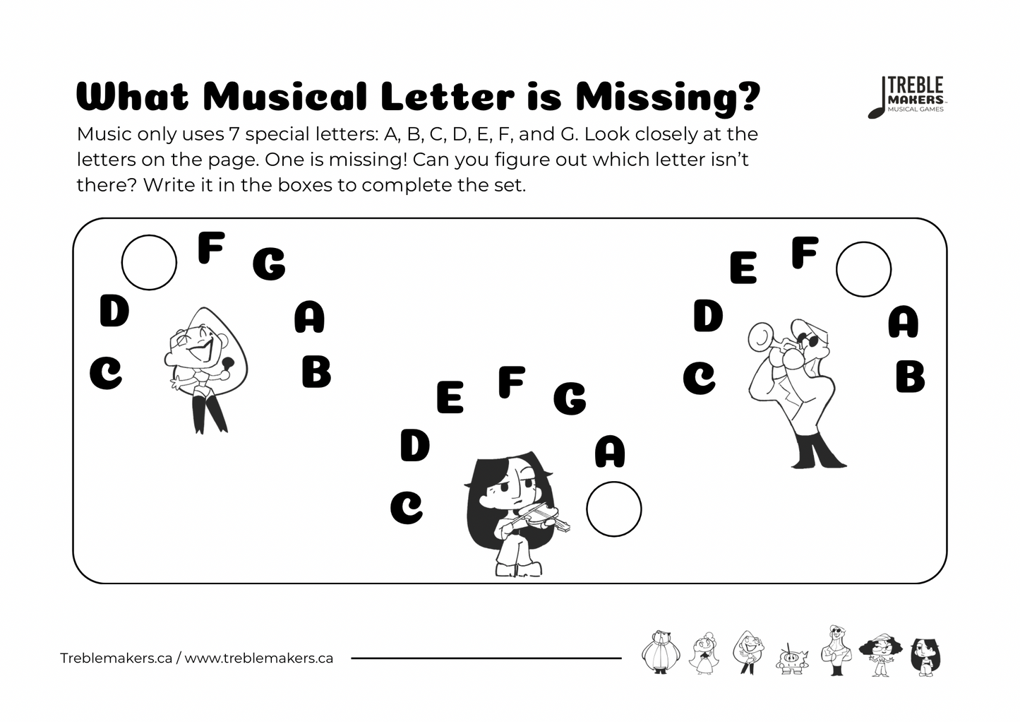 Missing Letter - Musical Alphabet Fill-in-the-Blank Activity Sheets - Set 7