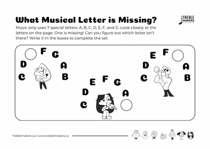 Missing Letter - Musical Alphabet Fill-in-the-Blank Activity Sheets - Set 7
