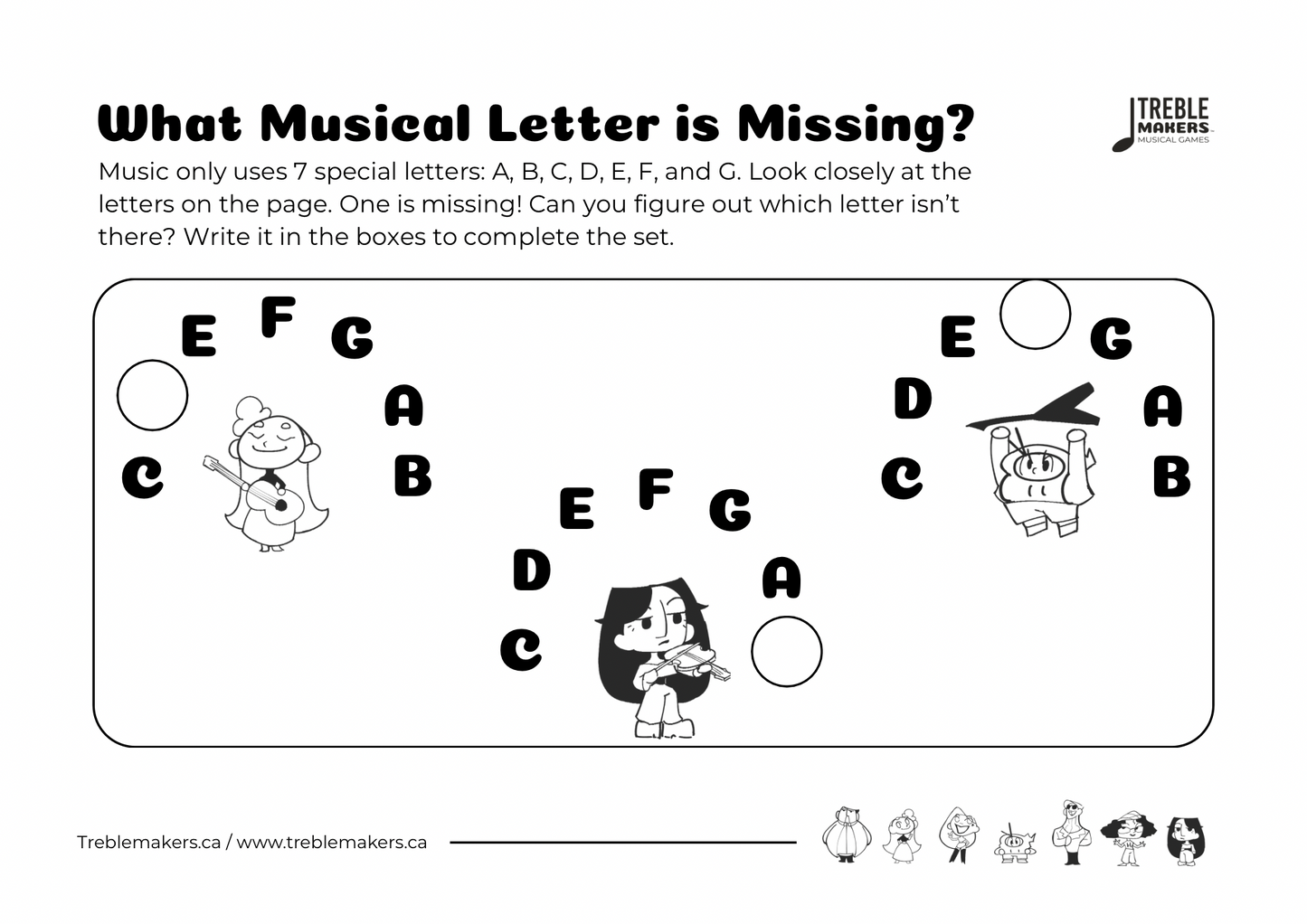 Missing Letter - Musical Alphabet Fill-in-the-Blank Activity Sheets - Set 7