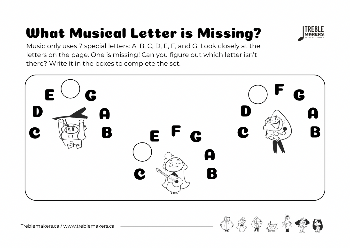 Missing Letter - Musical Alphabet Fill-in-the-Blank Activity Sheets - Set 7