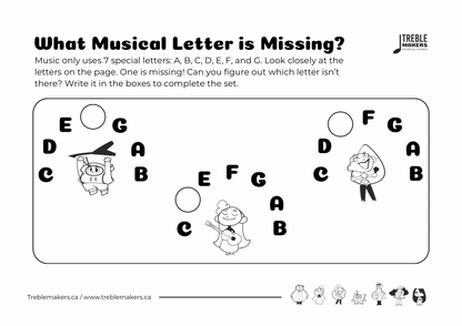 Missing Letter - Musical Alphabet Fill-in-the-Blank Activity Sheets - Set 7