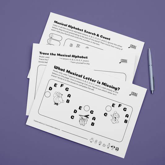Missing Letter - Musical Alphabet Fill-in-the-Blank Activity Sheets - Set 3