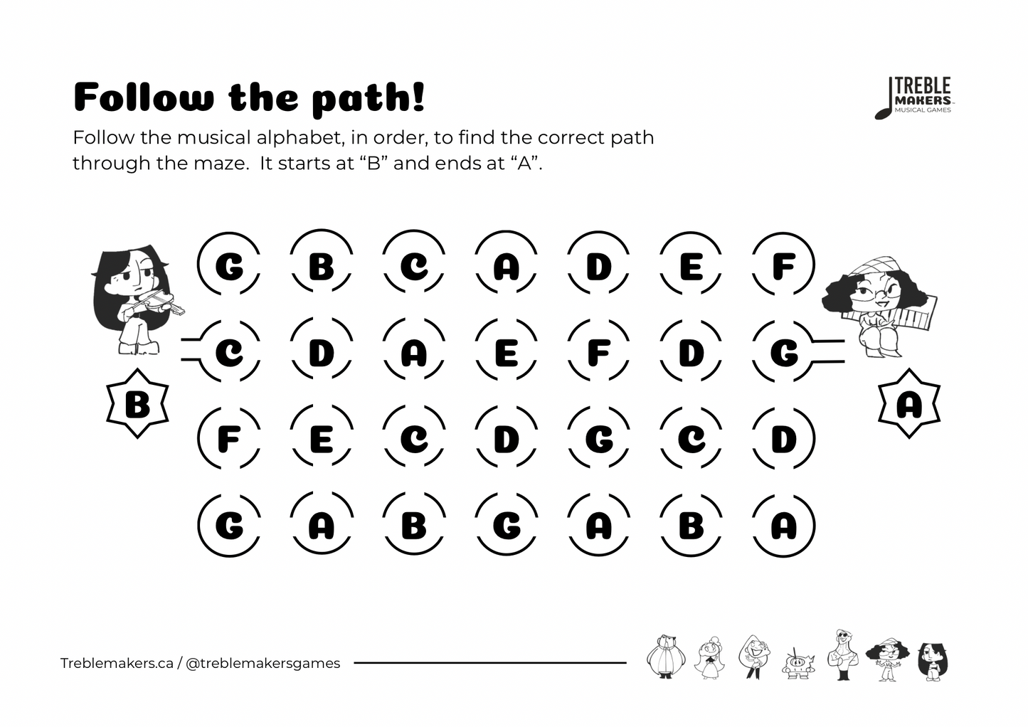 Follow the Path – Musical Alphabet Maze Activity Sheets - Set 4