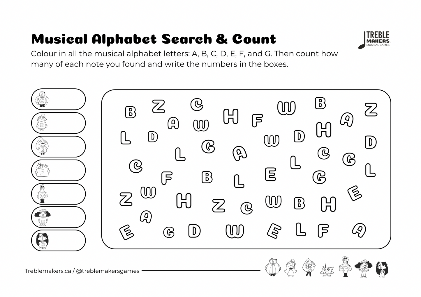 Musical Alphabet — Search and Count Activity Sheets - Set 1