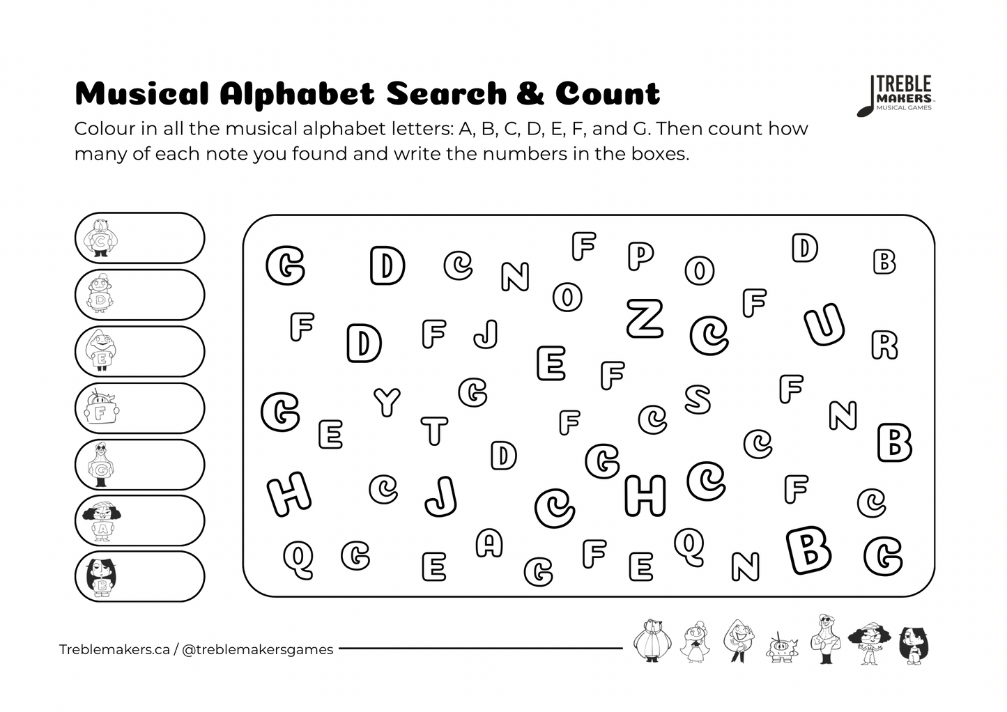 Musical Alphabet — Search and Count Activity Sheets - Set 2