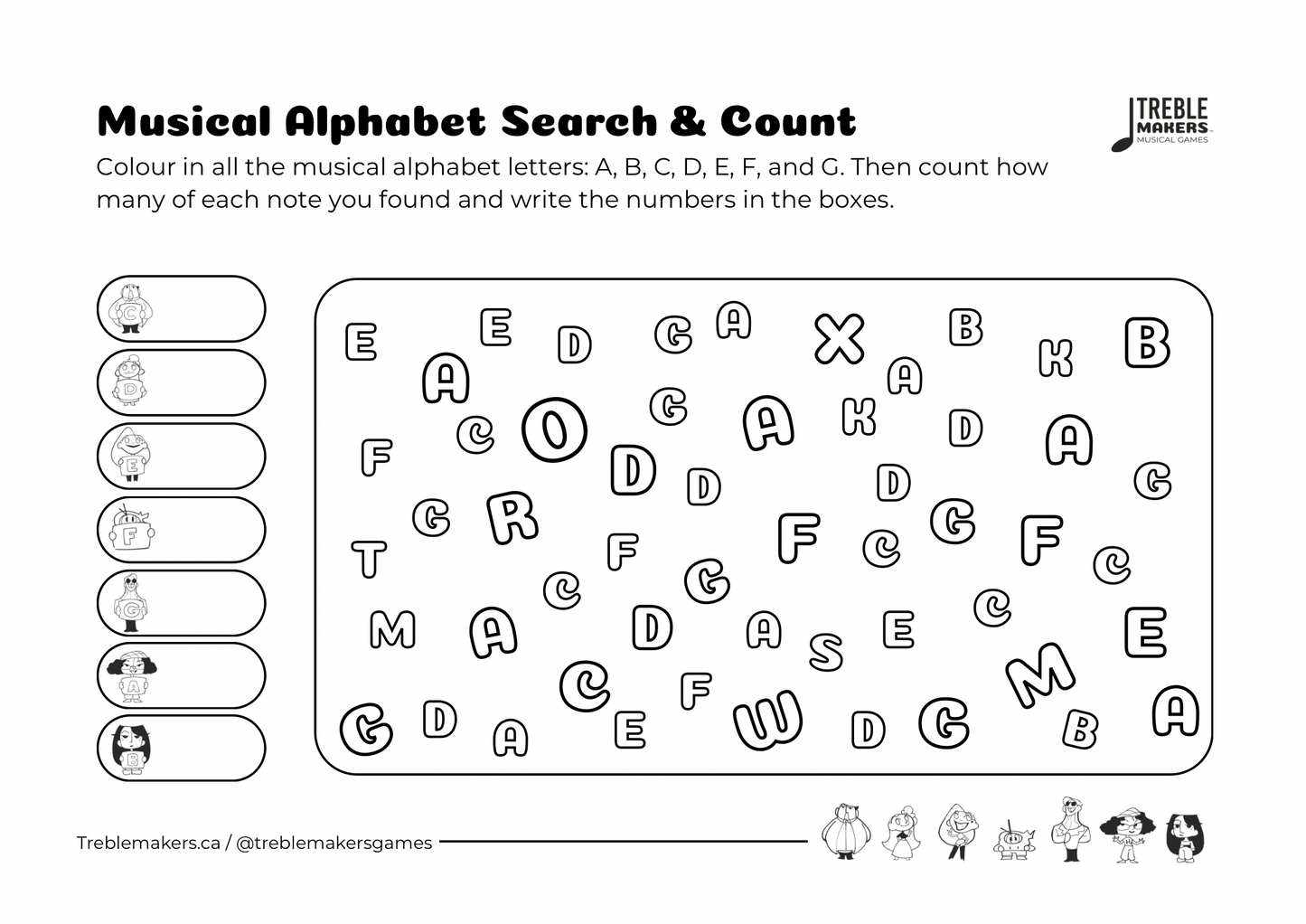 Musical Alphabet — Search and Count Activity Sheets - Set 2