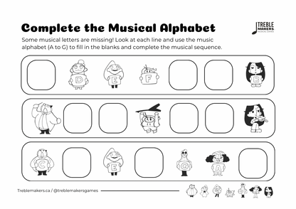 Complete the Musical Alphabet – Note Sequence Activity Sheets - Set 1