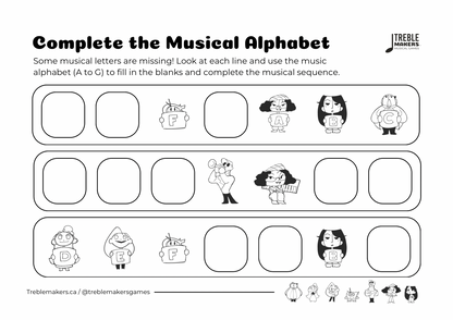 Complete the Musical Alphabet – Note Sequence Activity Sheets - Set 1
