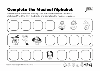 Complete the Musical Alphabet – Note Sequence Activity Sheets - Set 1