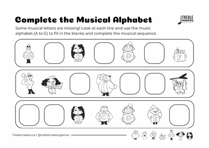 Complete the Musical Alphabet – Note Sequence Activity Sheets - Set 1