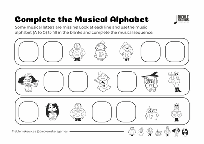 Complete the Musical Alphabet – Note Sequence Activity Sheets - Set 1