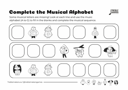 Complete the Musical Alphabet – Note Sequence Activity Sheets - Set 1