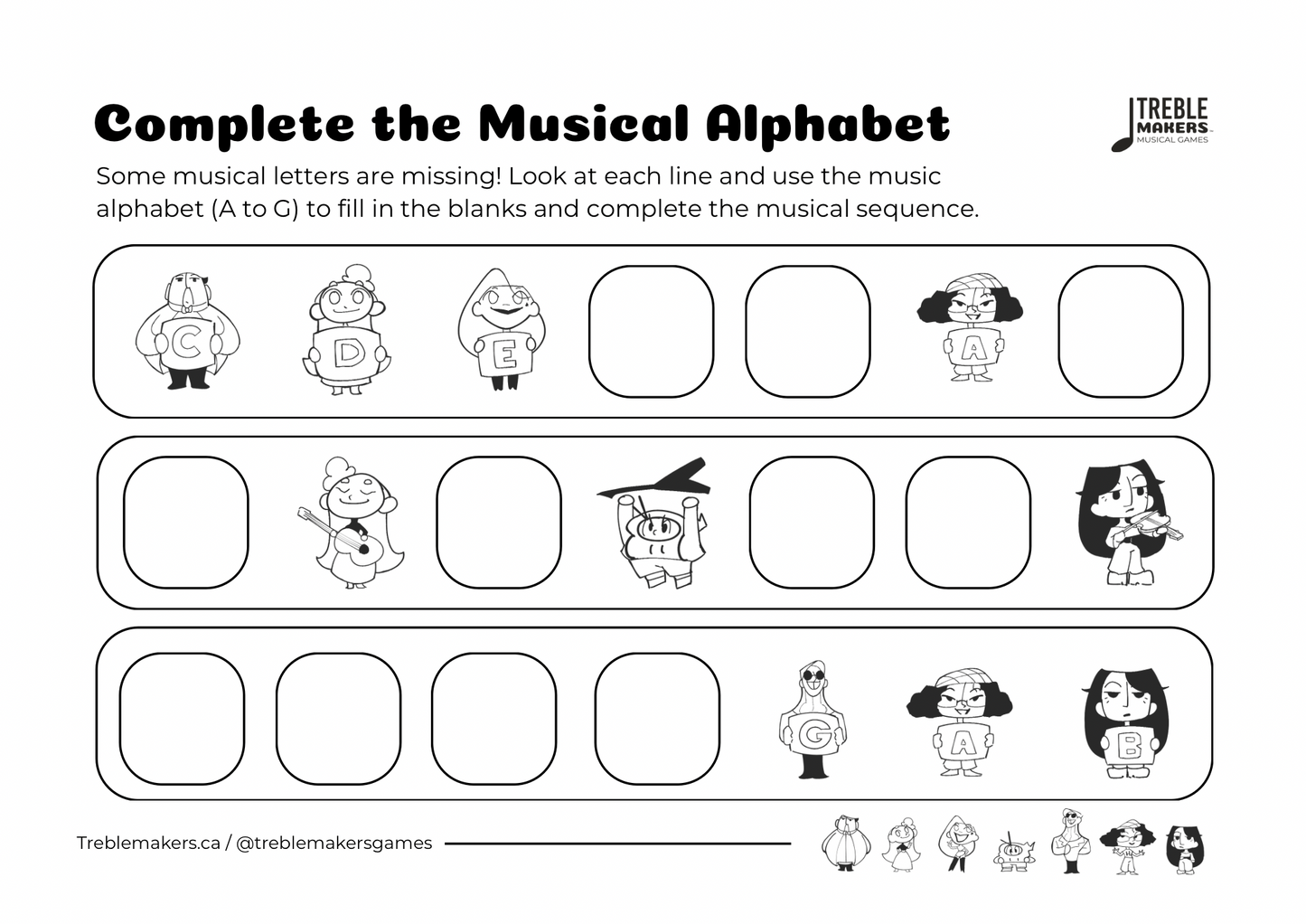 Complete the Musical Alphabet – Note Sequence Activity Sheets - Set 2