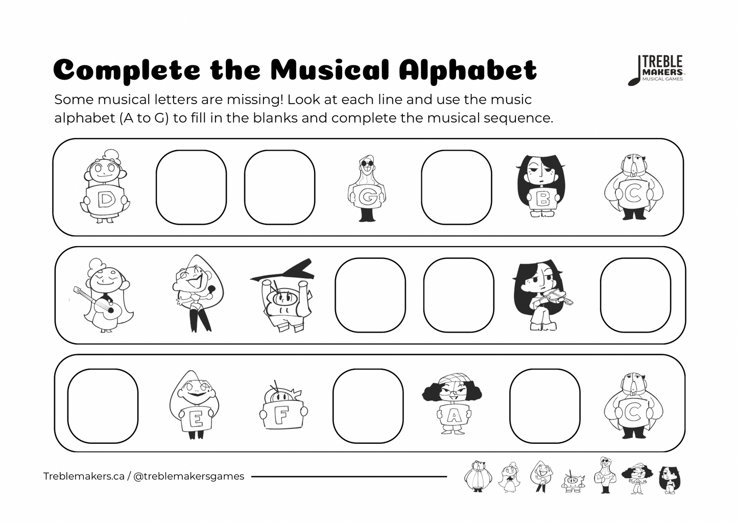 Complete the Musical Alphabet – Note Sequence Activity Sheets - Set 2