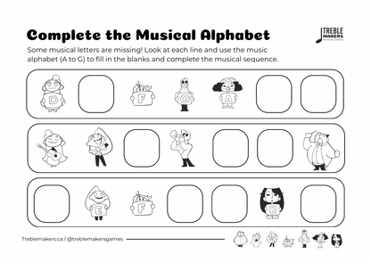 Complete the Musical Alphabet – Note Sequence Activity Sheets - Set 3