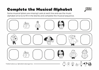 Complete the Musical Alphabet – Note Sequence Activity Sheets - Set 3