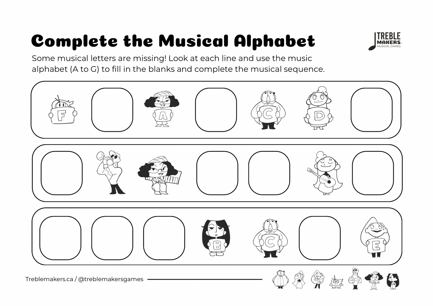 Complete the Musical Alphabet – Note Sequence Activity Sheets - Set 3