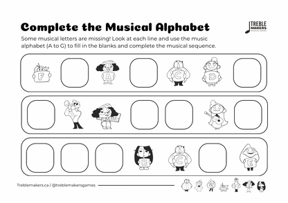 Complete the Musical Alphabet – Note Sequence Activity Sheets - Set 3
