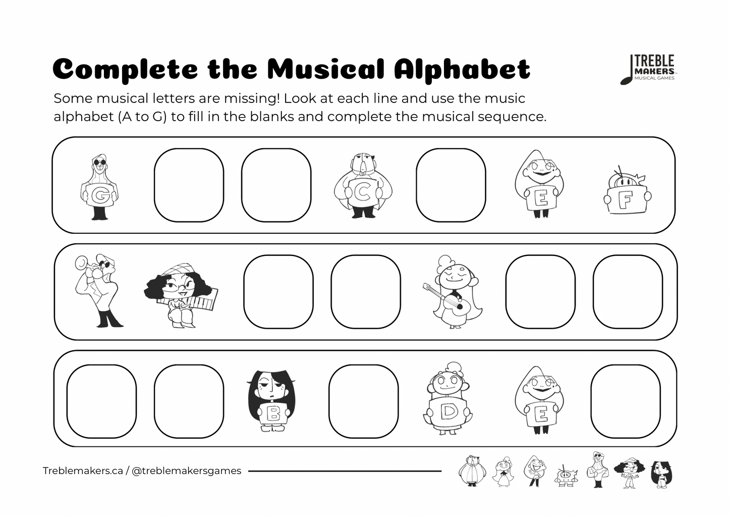 Complete the Musical Alphabet – Note Sequence Activity Sheets - Set 3