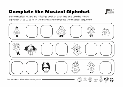 Complete the Musical Alphabet – Note Sequence Activity Sheets - Set 3