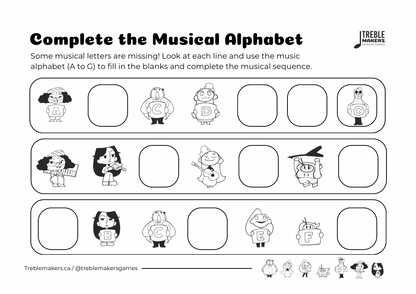 Complete the Musical Alphabet – Note Sequence Activity Sheets - Set 3