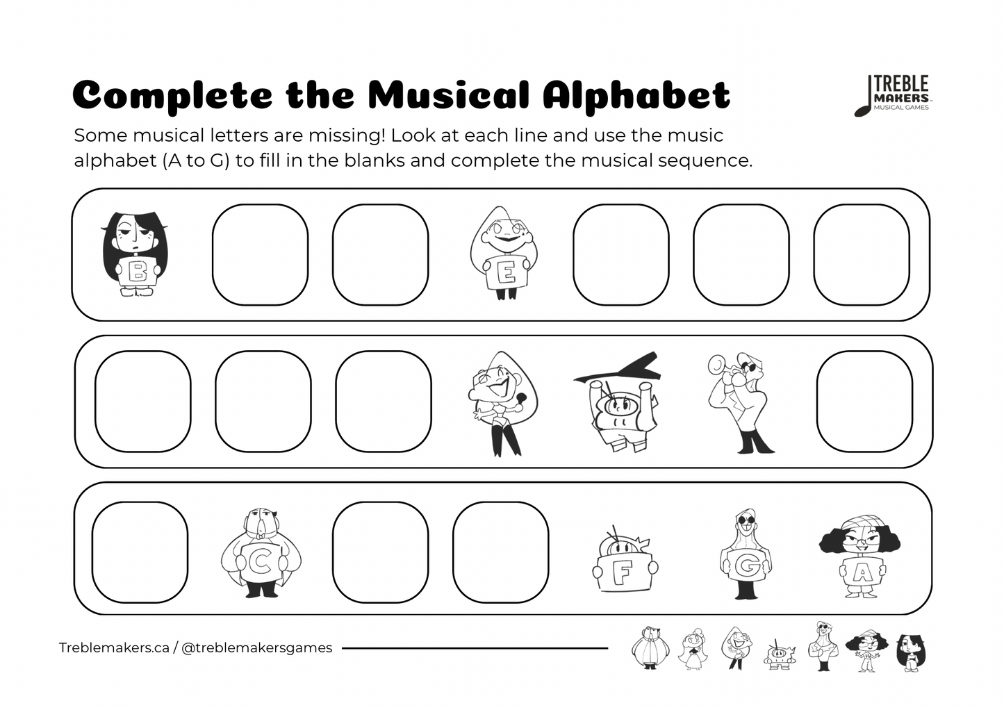 Complete the Musical Alphabet – Note Sequence Activity Sheets - Set 3