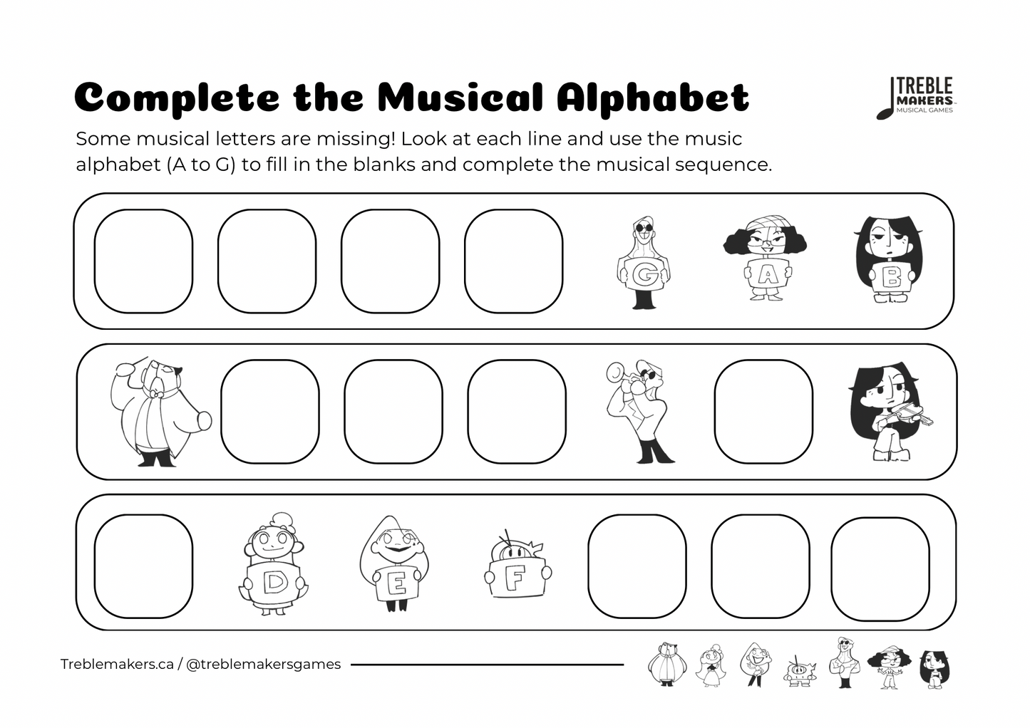 Complete the Musical Alphabet – Note Sequence Activity Sheets - Set 4