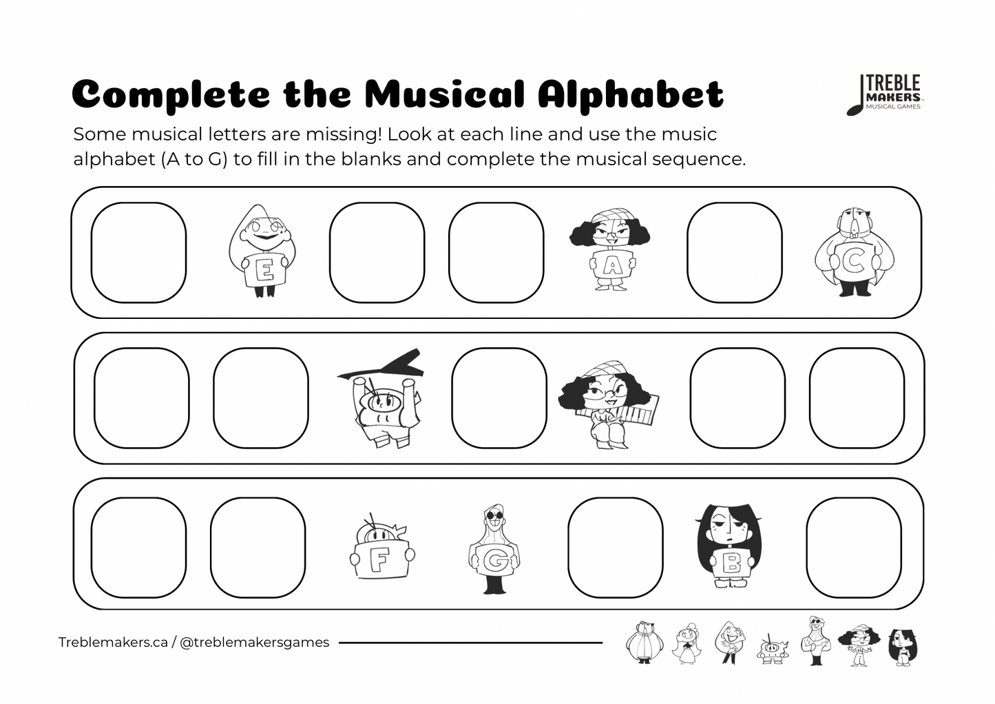 Complete the Musical Alphabet – Note Sequence Activity Sheets - Set 4