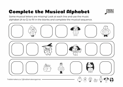Complete the Musical Alphabet – Note Sequence Activity Sheets - Set 4
