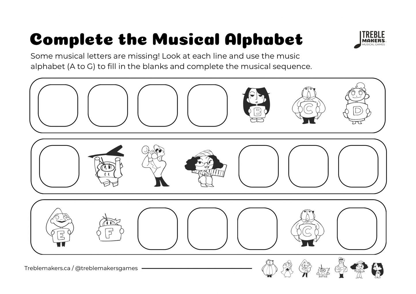 Complete the Musical Alphabet – Note Sequence Activity Sheets - Set 4