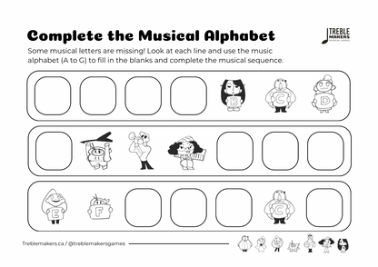 Complete the Musical Alphabet – Note Sequence Activity Sheets - Set 4
