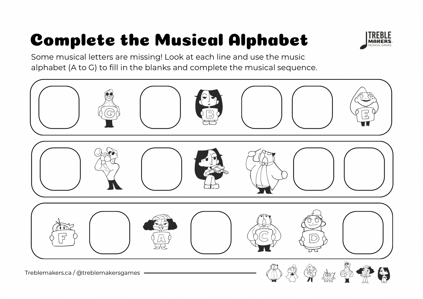 Complete the Musical Alphabet – Note Sequence Activity Sheets - Set 4