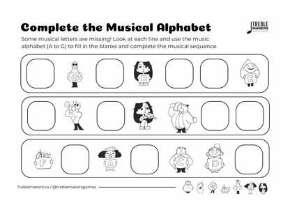 Complete the Musical Alphabet – Note Sequence Activity Sheets - Set 4