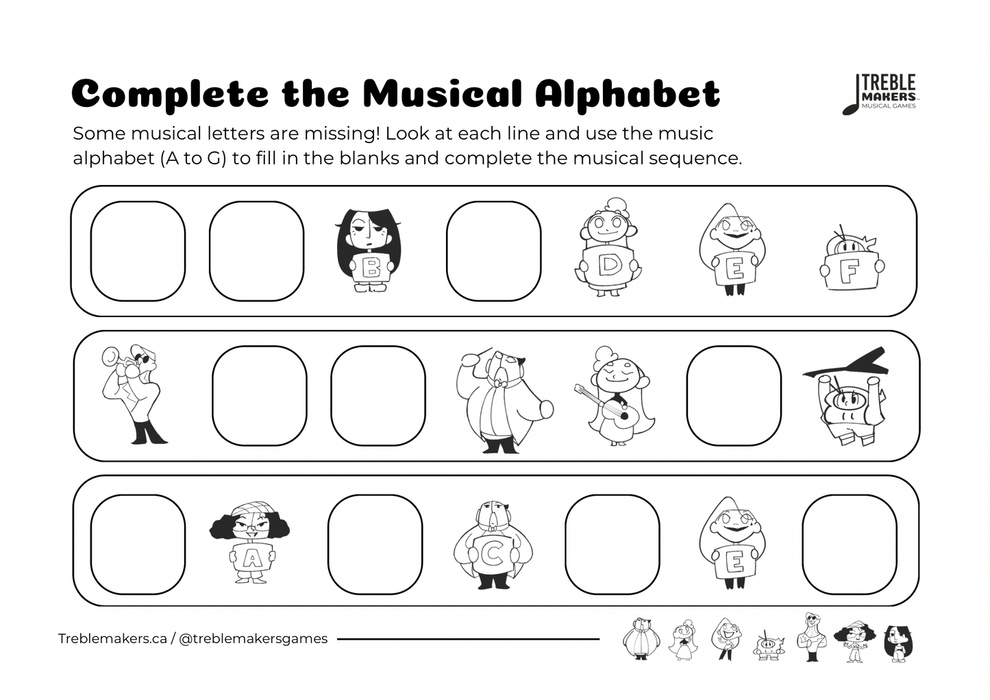 Complete the Musical Alphabet – Note Sequence Activity Sheets - Set 4