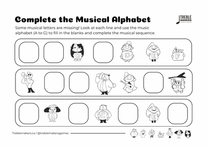 Complete the Musical Alphabet – Note Sequence Activity Sheets - Set 4