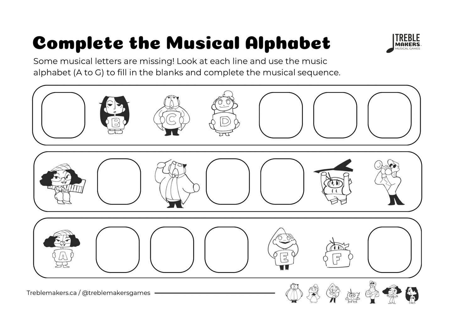 Complete the Musical Alphabet – Note Sequence Activity Sheets - Set 4