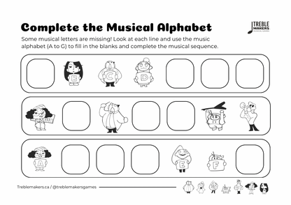 Complete the Musical Alphabet – Note Sequence Activity Sheets - Set 4