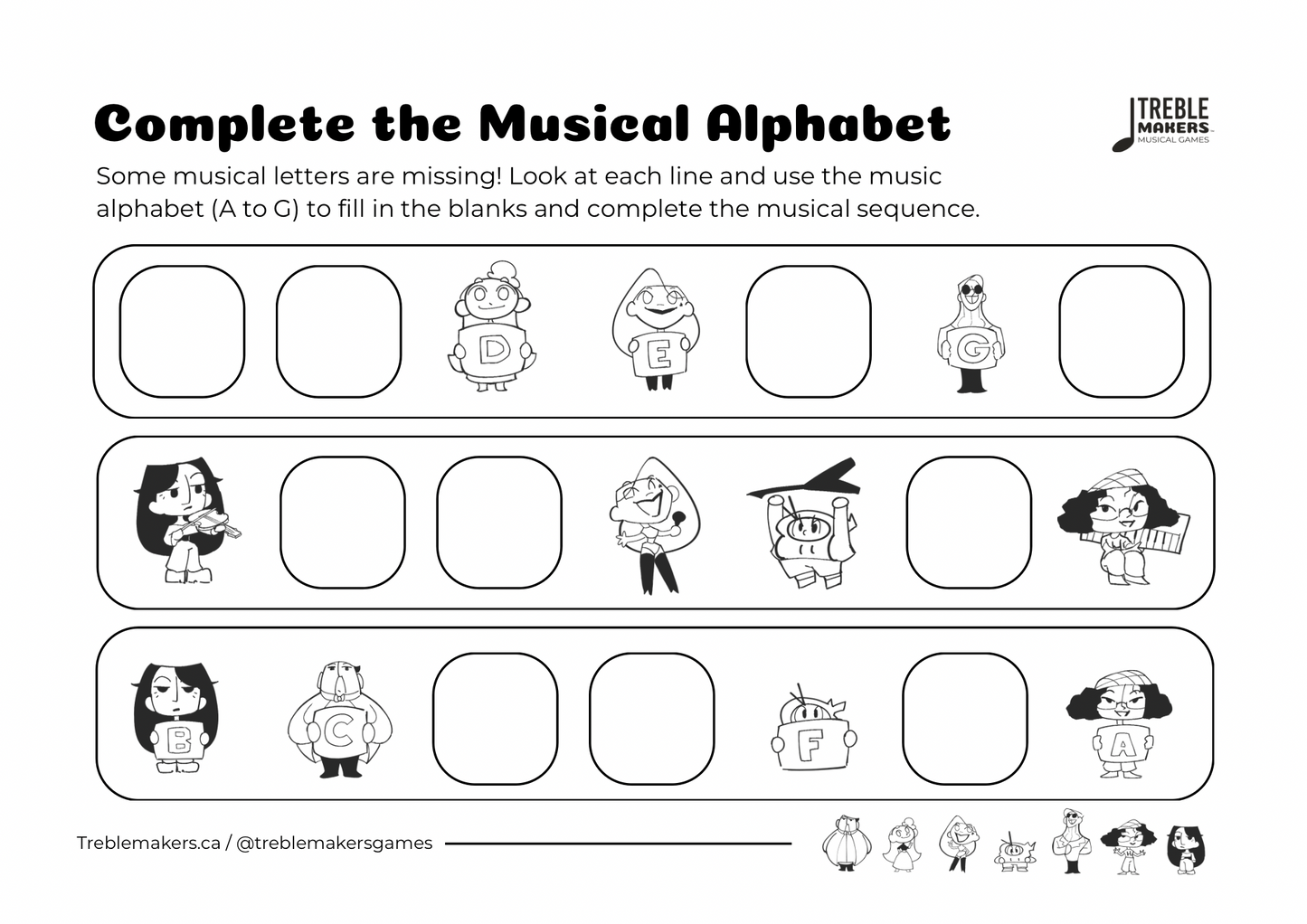 Complete the Musical Alphabet – Note Sequence Activity Sheets - Set 4
