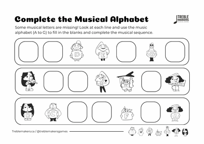 Complete the Musical Alphabet – Note Sequence Activity Sheets - Set 4