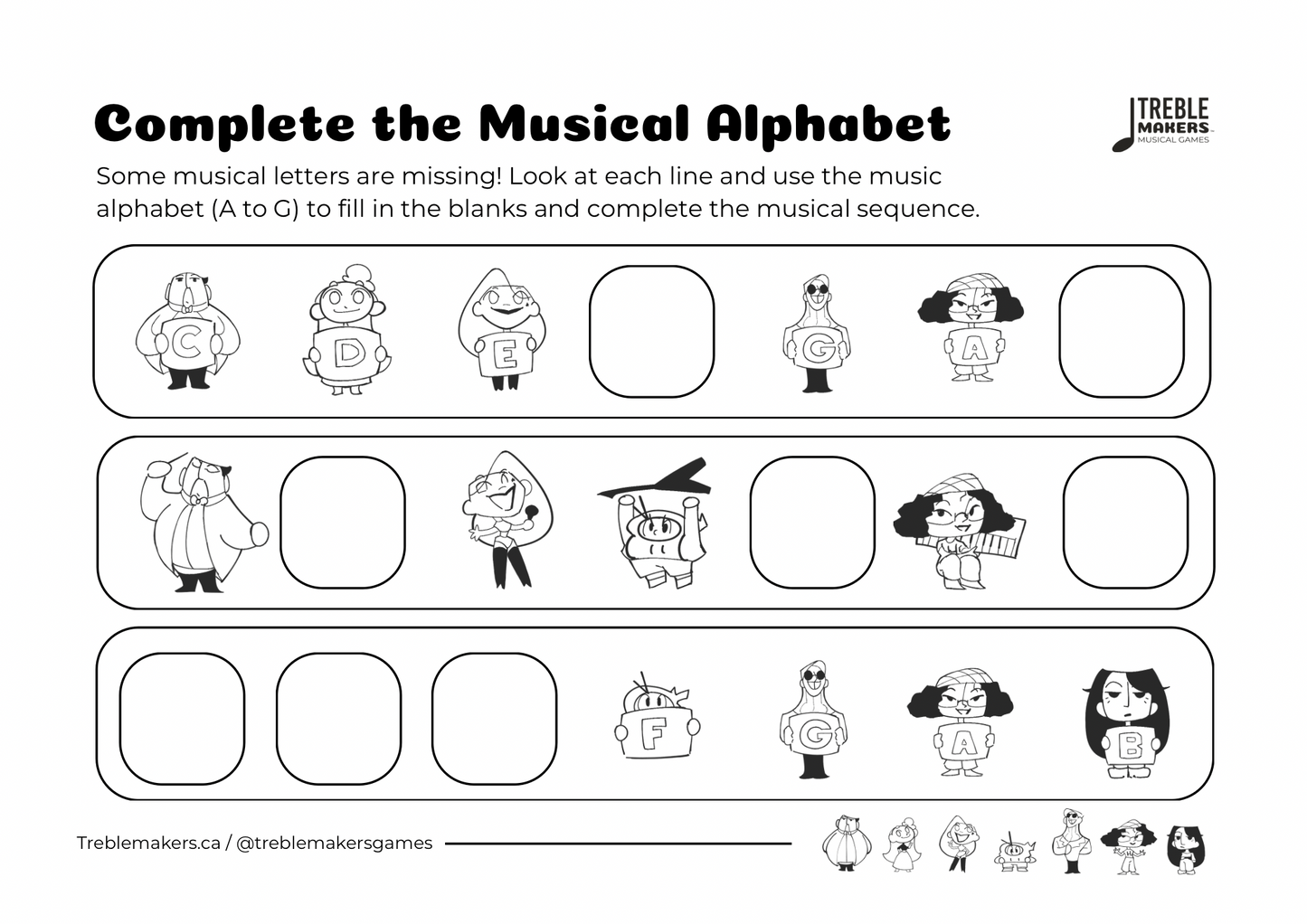 Complete the Musical Alphabet – Note Sequence Activity Sheets - Set 5