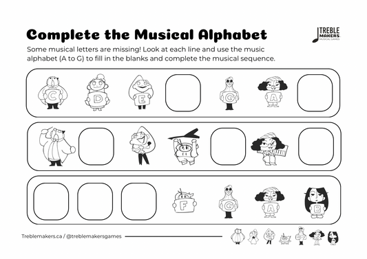 Complete the Musical Alphabet – Note Sequence Activity Sheets - Set 5