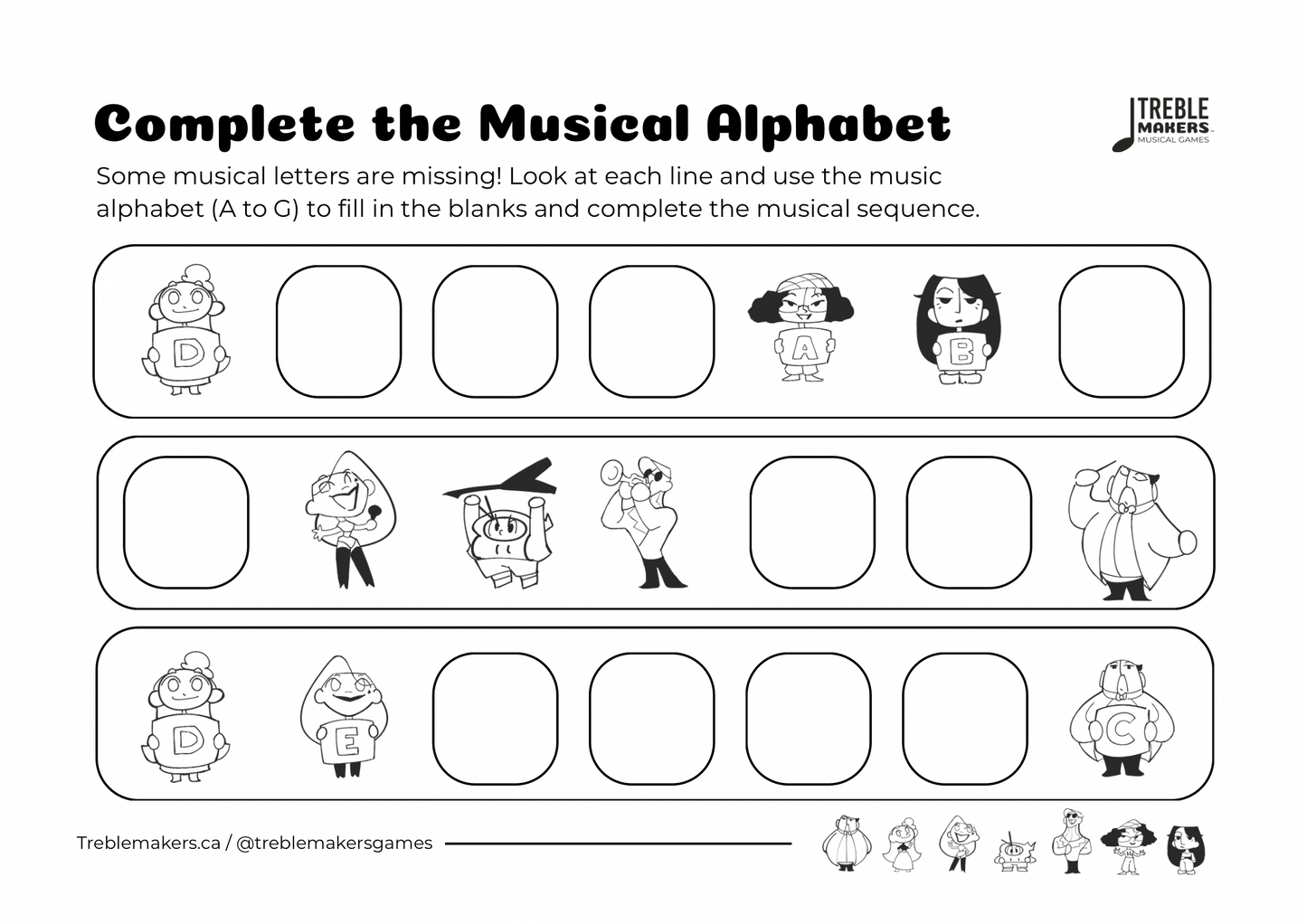 Complete the Musical Alphabet – Note Sequence Activity Sheets - Set 5