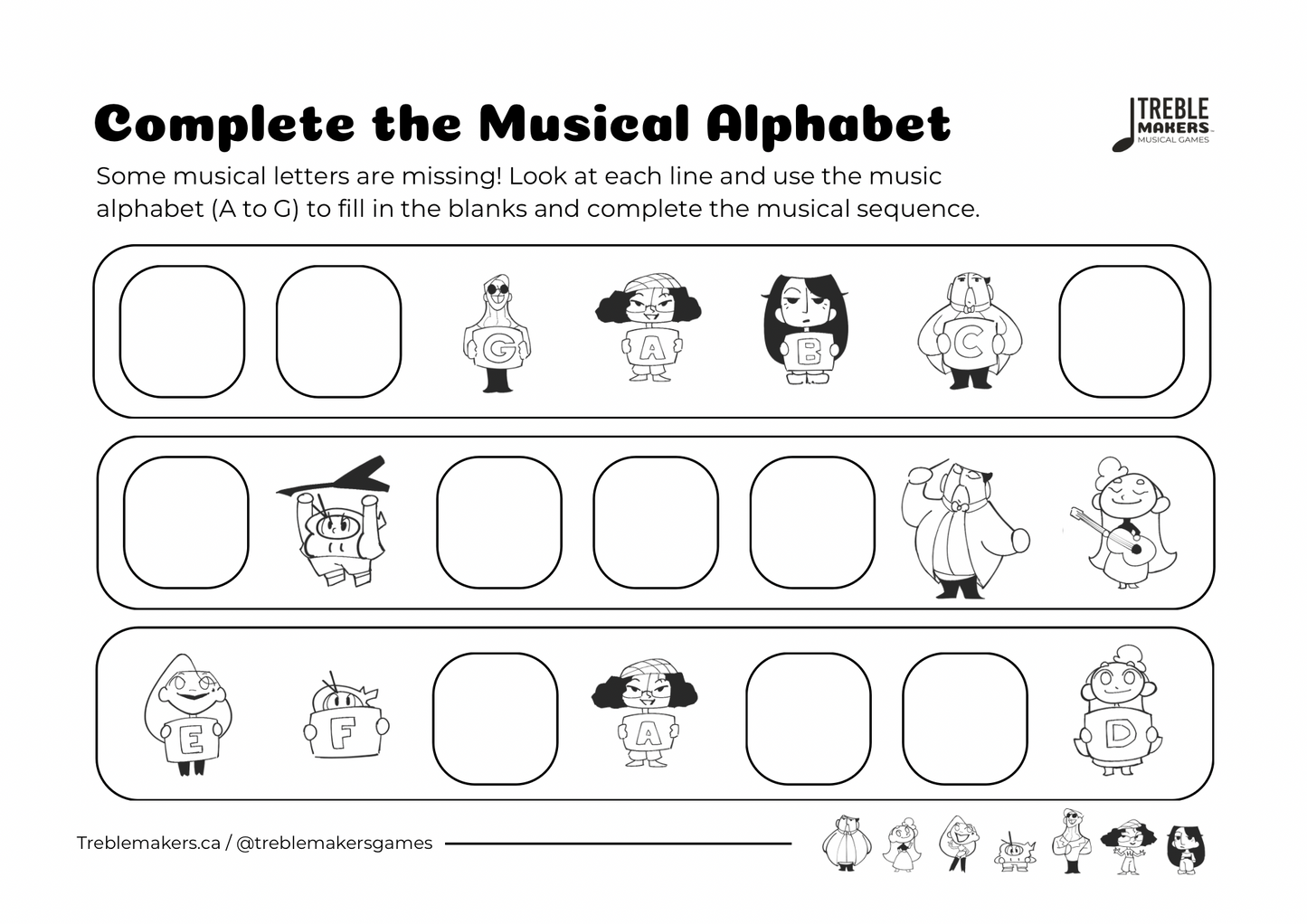 Complete the Musical Alphabet – Note Sequence Activity Sheets - Set 5