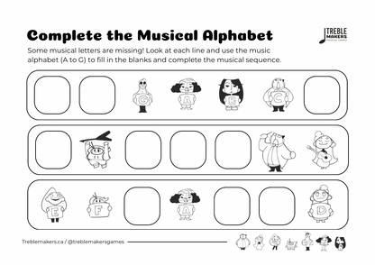Complete the Musical Alphabet – Note Sequence Activity Sheets - Set 5