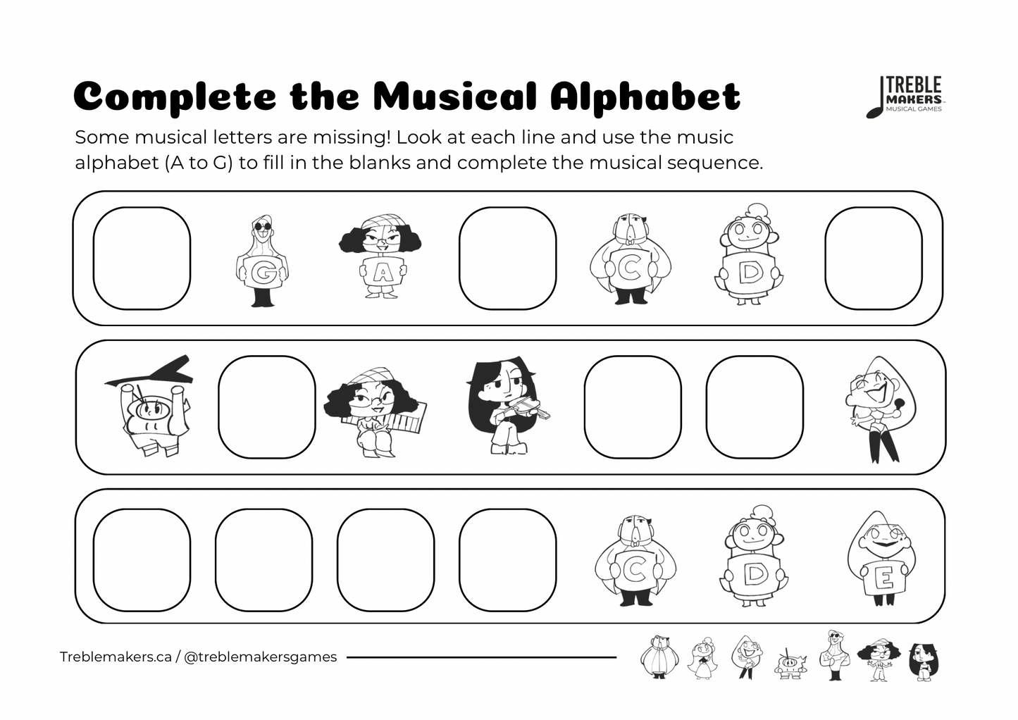 Complete the Musical Alphabet – Note Sequence Activity Sheets - Set 5