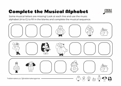Complete the Musical Alphabet – Note Sequence Activity Sheets - Set 4