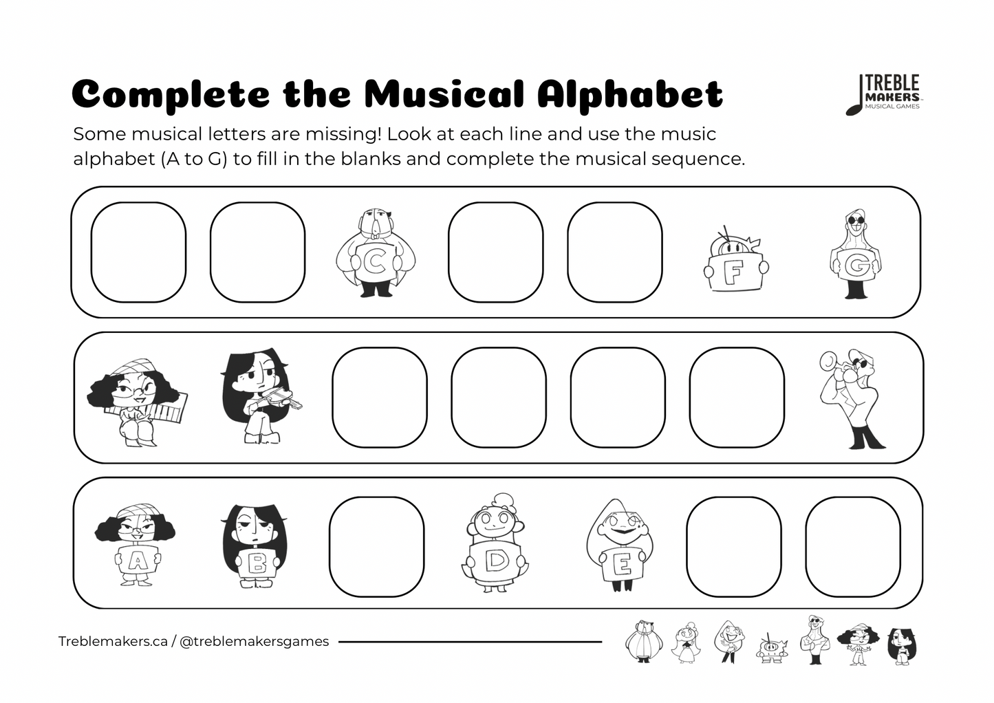Complete the Musical Alphabet – Note Sequence Activity Sheets - Set 5