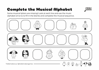 Complete the Musical Alphabet – Note Sequence Activity Sheets - Set 5