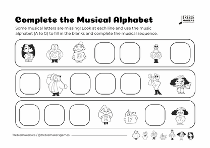 Complete the Musical Alphabet – Note Sequence Activity Sheets - Set 5